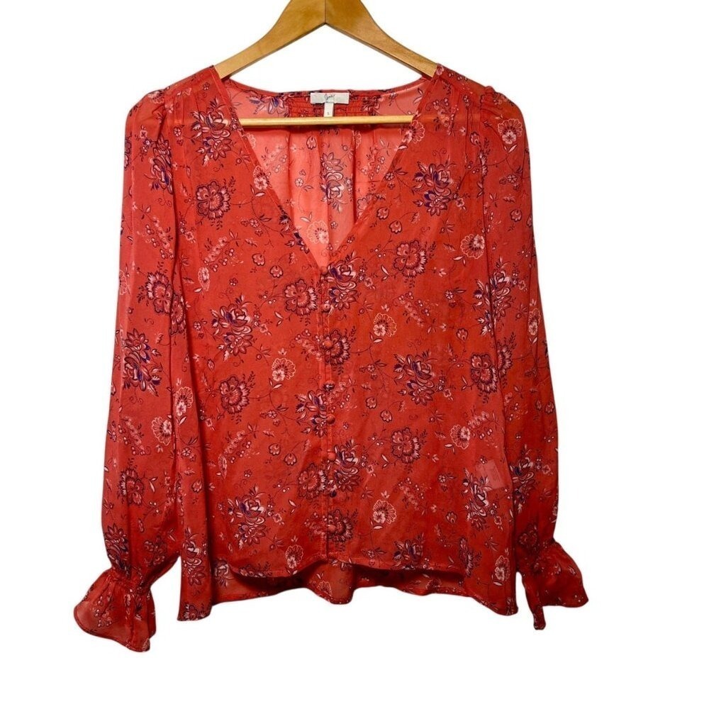 Joie 100% Silk Top Sheer Floral Button Front Blouse Red Office Professional Cuff